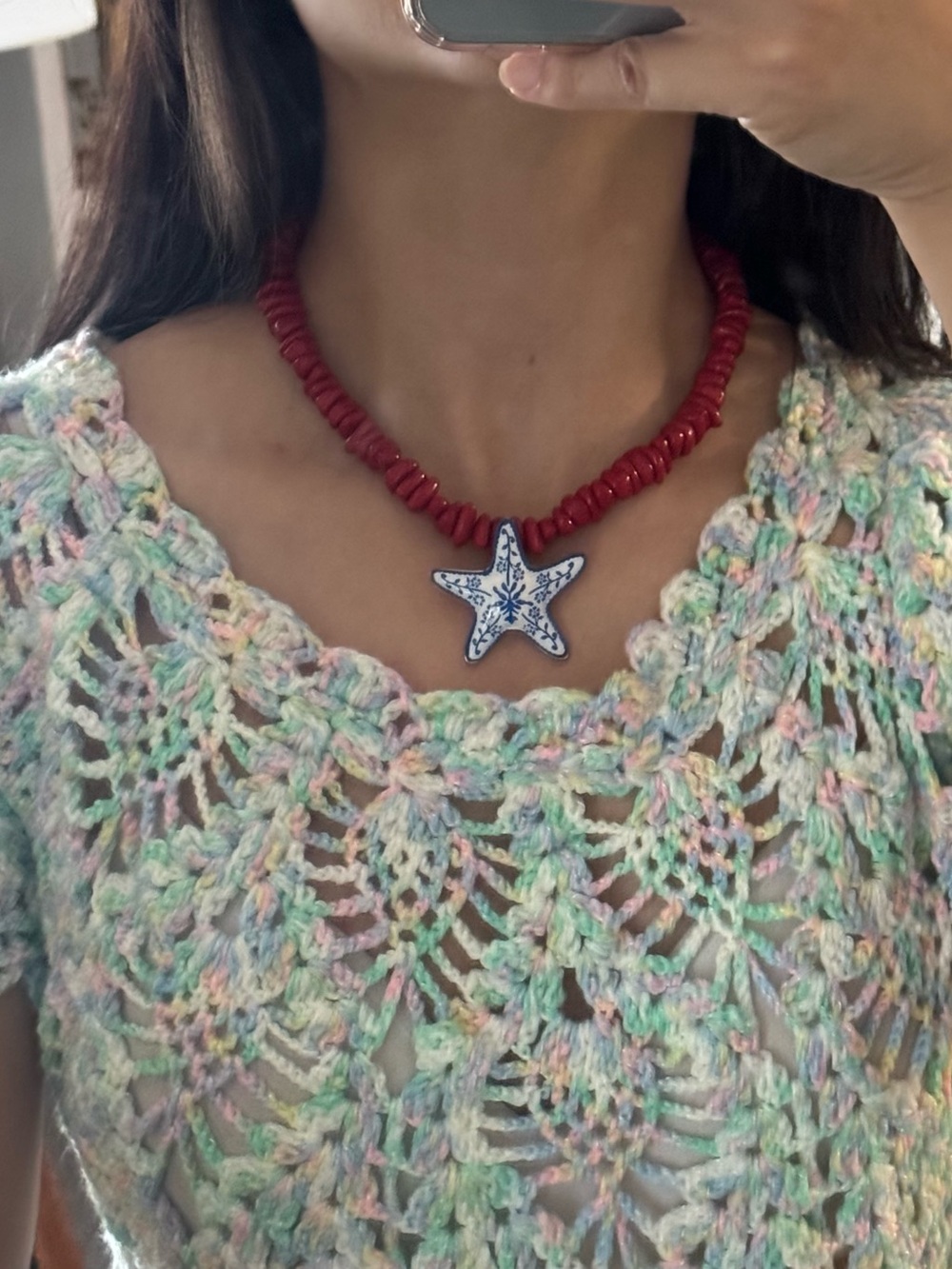 Beaded Necklace with Blue & White Starfish Pendant - Picture 7 of 8